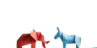 Origami elephant and donkey on American flag.