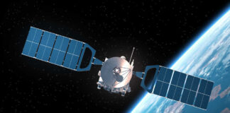 Satellite orbiting Earth in space.