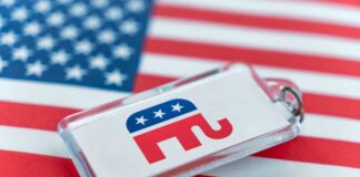 Republican elephant emblem on American flag background.