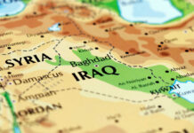 Colorful map showing Iraq Syria and Kuwait