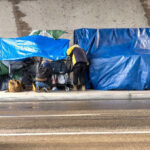 Two people with tarps and shopping carts outdoors