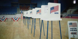 Voting booths lined up in a gymnasium.