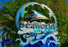 Sign for SeaWorld Orlando featuring a dolphin and wave design