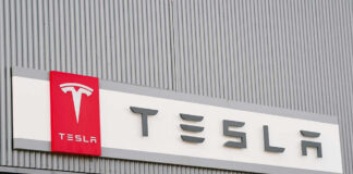 Tesla logo on a building facade