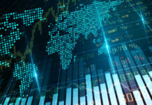 Digital world map with financial data overlay