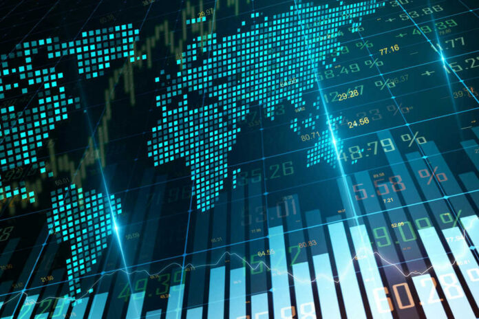 Digital world map with financial data overlay