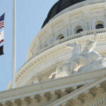 Flags and statue outside government building dome