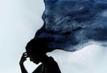 Silhouette with dark smoke flowing from their head