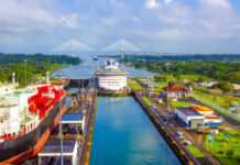 Ships passing through the Panama Canal locks