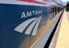 Close-up of an Amtrak train at a station