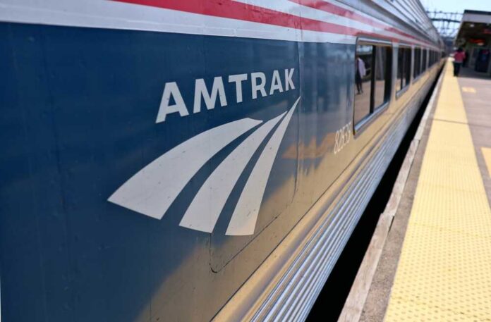 Close-up of an Amtrak train at a station