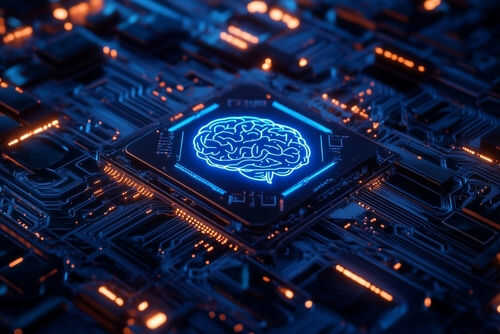 ai2500500473 Glowing brain image on a microchip circuit board