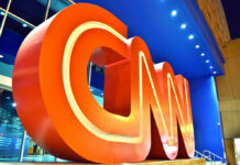 CNN logo sculpture outside building entrance