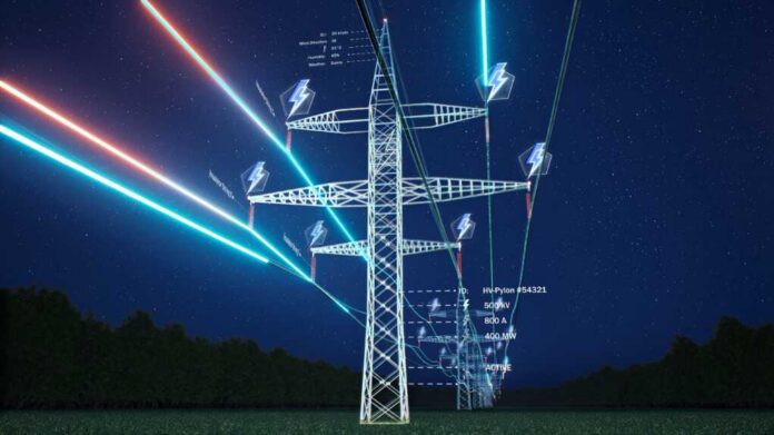 High-voltage transmission tower at night with glowing data overlays