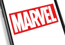 Close-up of the Marvel logo displayed on a smartphone screen