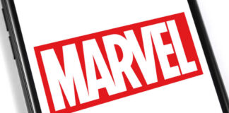 Close-up of the Marvel logo displayed on a smartphone screen