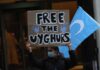 Person holding a sign that reads 'FREE THE UYGHURS' during a protest