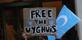 Person holding a sign that reads 'FREE THE UYGHURS' during a protest