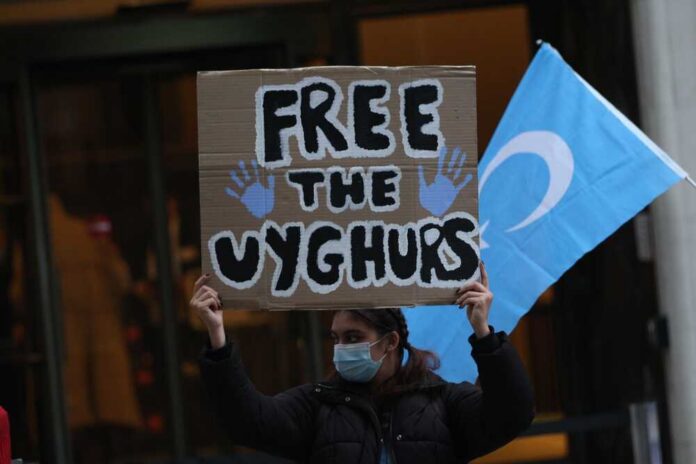 Person holding a sign that reads 'FREE THE UYGHURS' during a protest