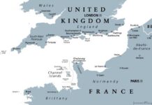 Map highlighting the United Kingdom with a flag