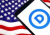 Empty blurred courtroom with wooden interior usa flags