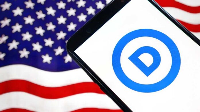 Jakarta,-,February,22,2024:,Democratic,Party,Or,Democrat,Party,Logo Empty blurred courtroom with wooden interior usa flags