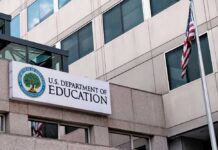 Exterior view of the U.S. Department of Education building with an American flag