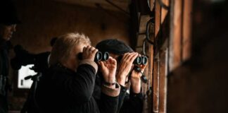 Two individuals using binoculars to observe nature through a window