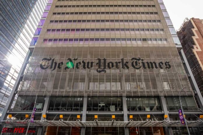 shutterstock_2558804079.jpg Facade of The New York Times building with modern architectural design