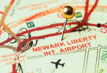 Woman walking towards US customs and passport control