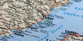 Map showing Taiwan and parts of China, including cities and geographical features