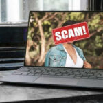 AI-Powered Cons Hunt Western Men Laptop screen with a scam warning image.