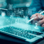Silicon Valley Lockout Plan Emerges Person using stylus on laptop with AI and cybersecurity icons overlay