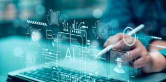 Person using stylus on laptop with AI and cybersecurity icons overlay