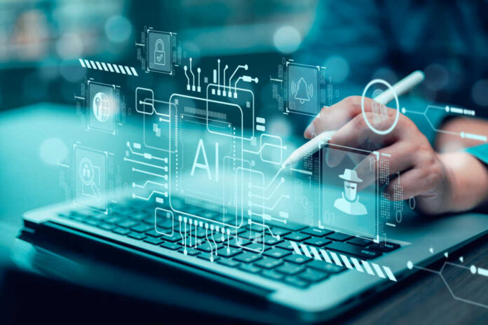 ai-artificial-intelligence-software-engineer-coding2473384115jpg Person using stylus on laptop with AI and cybersecurity icons overlay
