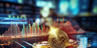 Cryptocurrency coins on a reflective surface with glowing market charts