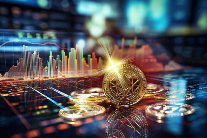 Cryptocurrency coins on a reflective surface with glowing market charts