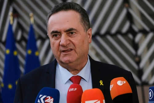 israel-katz2416107541 Man speaking with multiple microphones in front of him