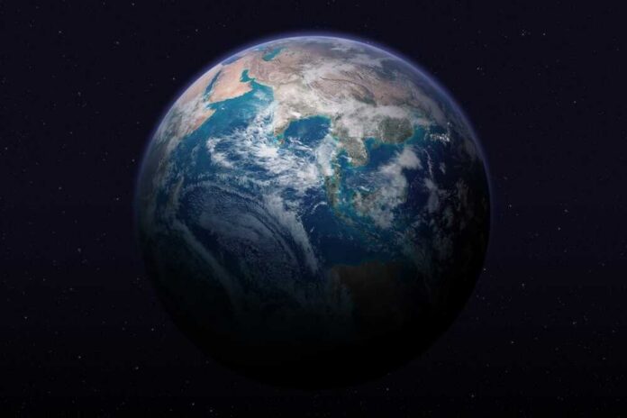 Earth,Globe,On,Starry,Background.,Earth,Sphere,Template.,Asia,,Australia, View of Earth from space with visible continents and clouds