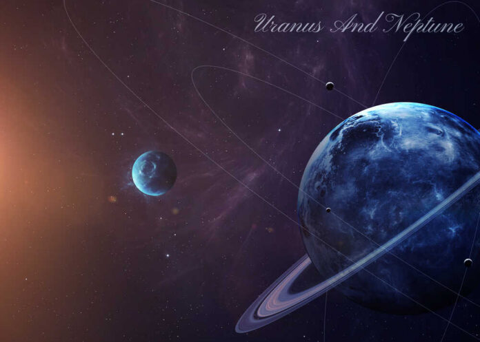 The,Uranus,With,Moons,Shot,From,Space,Showing,All,They Artistic representation of Uranus and Neptune in space