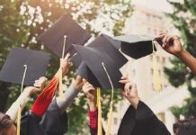 Degree Bubble Pops — Skills Now Rule Graduates raise mortarboards with tassels in celebration