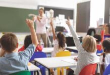 Elementary students raise hands in a classroom