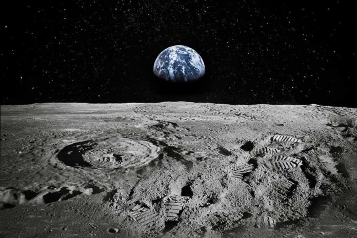 shutterstock_1454730908 Moon surface with footprints and Earth rising over the horizon