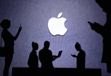 Apple logo with silhouettes of people using devices