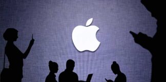 Apple logo with silhouettes of people using devices