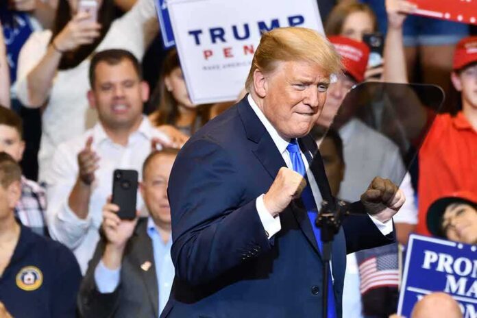 shutterstock_1148319815-1 Donald Trump at a rally raising his fists on stage