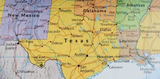 Map of Texas and surrounding states with highlighted borders