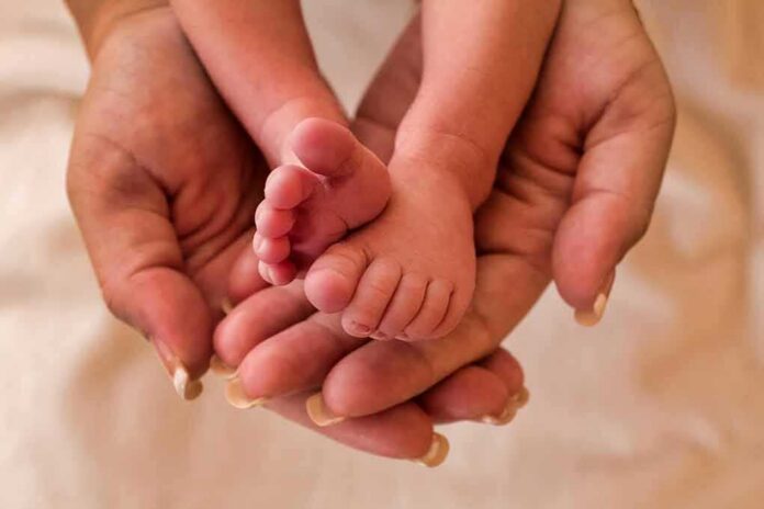 Adult hands cradling a newborn's tiny feet