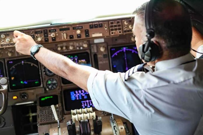 shutterstock_1415555807 Pilot adjusting controls in an airplane cockpit