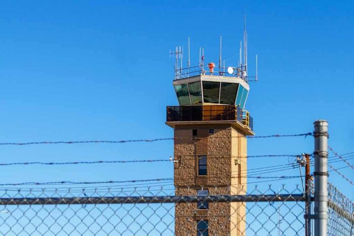 shutterstock_1883422156 Airport control tower behind chain-link and barbed-wire fence